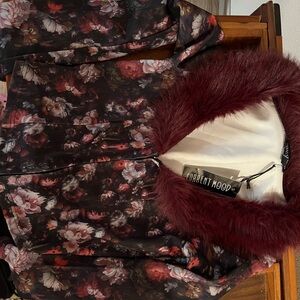Current Mood Floral Teddy Jacket with Burgundy Fur Trim